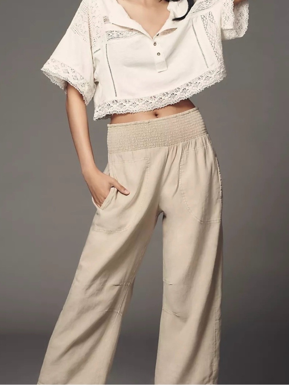 Anthropologie Cream Wide-Leg Cropped Pants